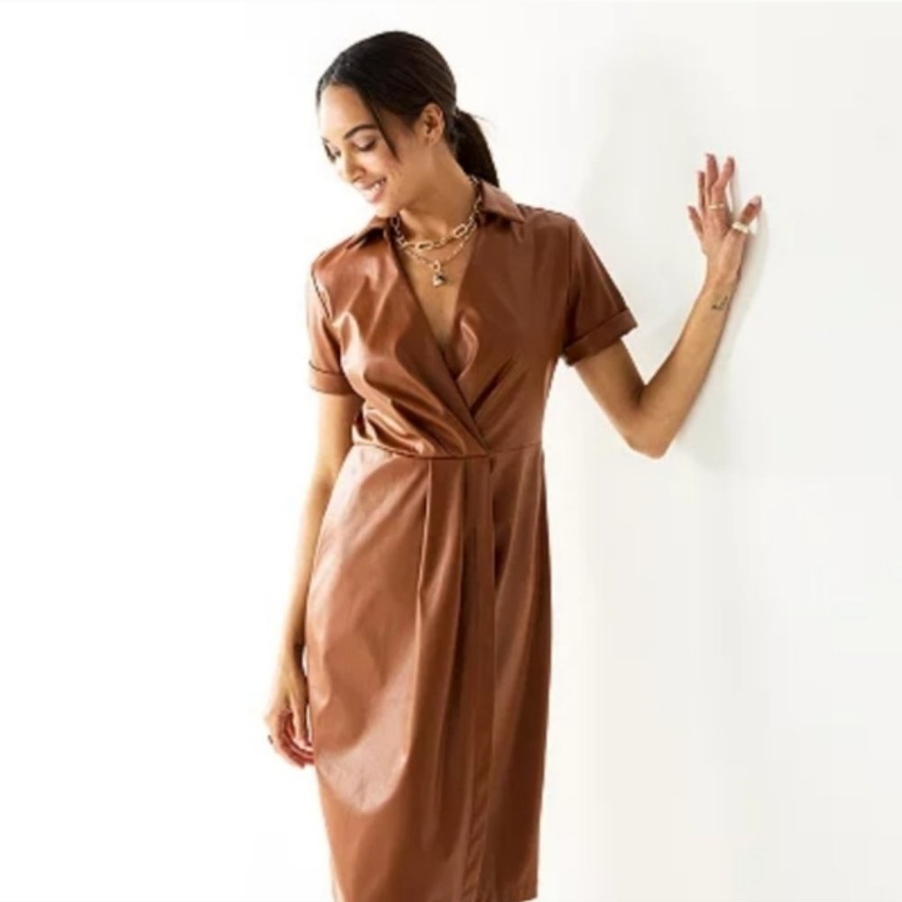 NWT Nine West Faux Leather Wrap Dress Midi